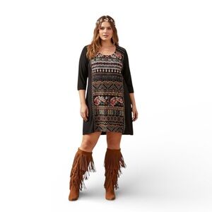 Johnny Was Boho Embroidered Front 3/4 Sleeve Black Tunic Dress Plus Sz 1X